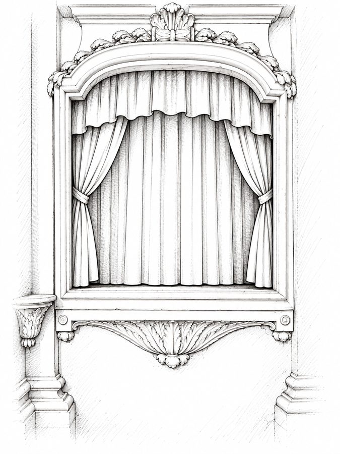 Disegno della finestra con cornice in stucco tra la sala e la sacrestia, con un sipario a drappeggi